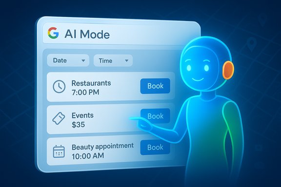 Blue AI assistant guides bookings on a screen titled 'AI Mode' showing restaurant, events, and beauty appointments.