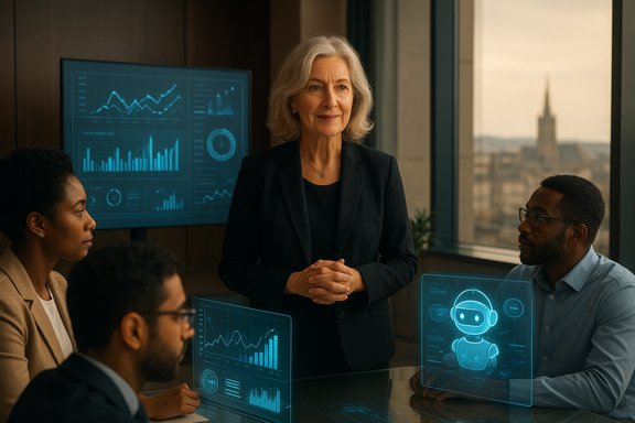 A diverse team in a boardroom watches holographic charts and a glowing robot avatar, led by a poised woman.