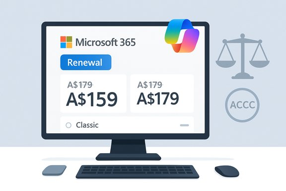Computer monitor shows Microsoft 365 renewal pricing with A$159 and A$179 options.