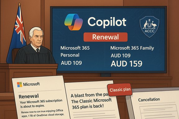 An Australian courtroom scene showing Copilot renewal pricing for Microsoft 365.