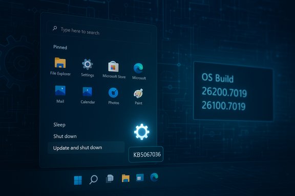 Windows update menu with pinned apps and OS build details on a blue tech background. Windows update menu with pinned apps and OS build details on a blue tech background.