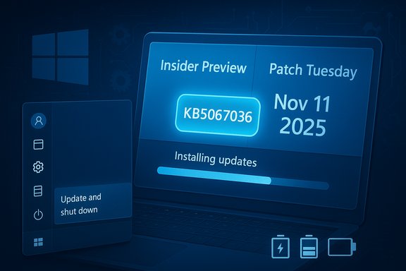 Blue Windows update screen showing Insider Preview, Patch Tuesday, and KB5067036 installing updates. Blue Windows update screen showing Insider Preview, Patch Tuesday, and KB5067036 installing updates.