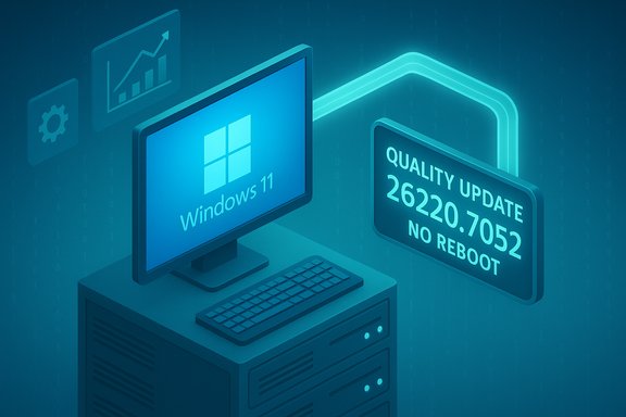 Windows 11 on a server with a floating panel displaying 'Quality Update 26220.7052 No Reboot'.