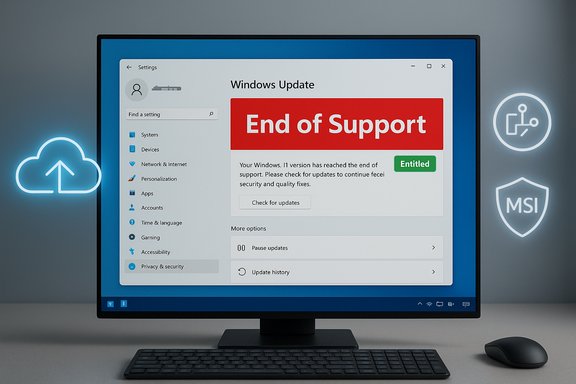 PC screen shows a Windows Update alert with an “End of Support” banner.