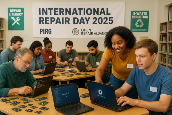 Community group repairs electronics at a library for International Repair Day 2025.