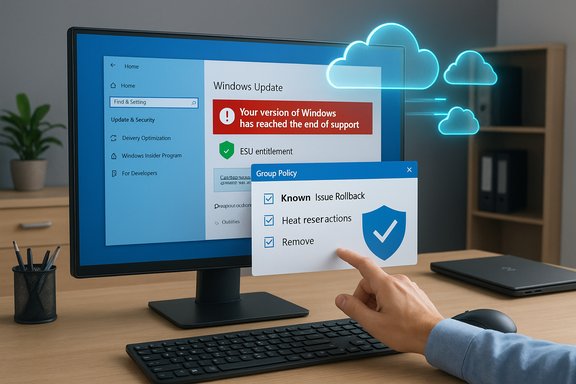 A person points at a Windows Update screen with an end-of-support alert and a Group Policy overlay.