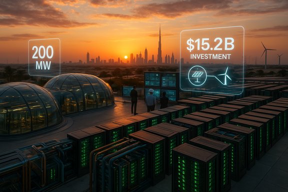 Sunset over a rooftop data center with holographic 200 MW and $15.2B investment displays against a city skyline.