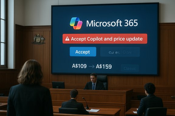 Courtroom-like setting with a large Microsoft 365 screen prompting acceptance of Copilot and price update.