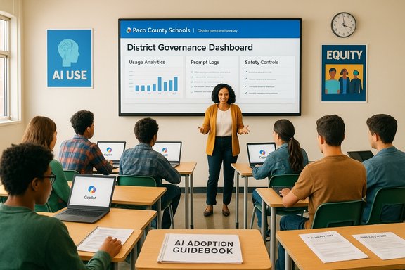 A teacher presents a District Governance Dashboard to students in a bright classroom with laptops.
