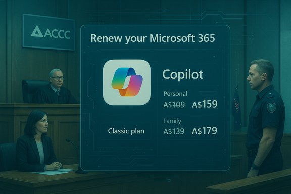 Courtroom scene featuring a large display advertising Microsoft 365 Copilot.
