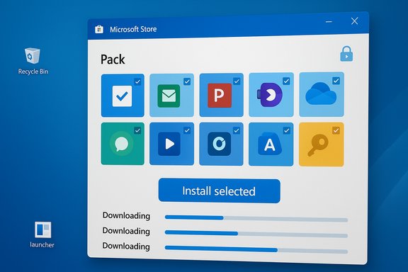 Microsoft Store window displaying a Pack of selectable app icons with download progress.