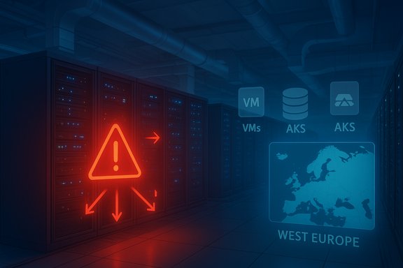 Red warning symbol glows beside server racks in a data center with holographic icons. Red warning symbol glows beside server racks in a data center with holographic icons.
