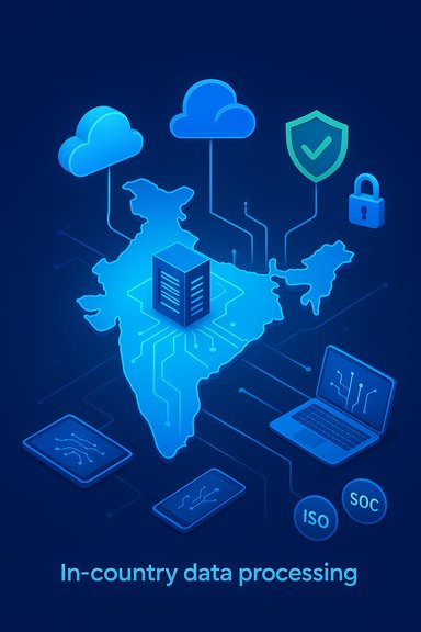 India-shaped network map with a local data center, cloud icons, and security symbols.