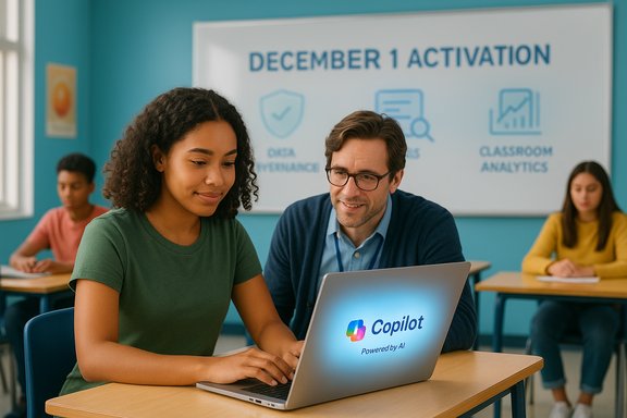 A student and mentor collaborate on a laptop in a bright classroom, with Copilot powered by AI.