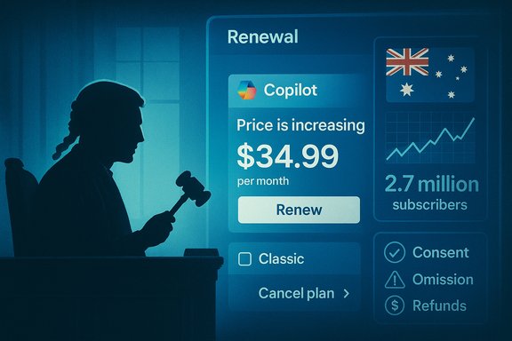 A silhouetted judge with a gavel views a screen showing Copilot renewal at $34.99 per month.