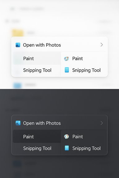 Two-column “Open with Photos” menu offering Paint and Snipping Tool (light and dark modes). Two-column “Open with Photos” menu offering Paint and Snipping Tool (light and dark modes).