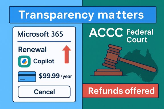 Split sign: 'Transparency matters' with Microsoft 365 renewal on the left and ACCC Federal Court refunds on the right.