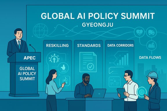 Global AI Policy Summit: speaker at podium with panels on reskilling, standards, and data corridors.