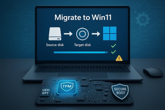 Laptop screen shows 'Migrate to Win11' with source/target disk icons, while TPM and Secure Boot icons glow on the circuit board.