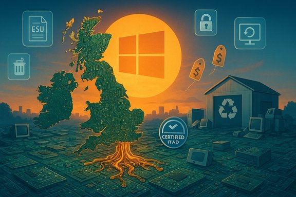 A sunlit scene features a tree made of circuit boards, rooted in a sea of discarded PCs, with ITAD and recycling icons.