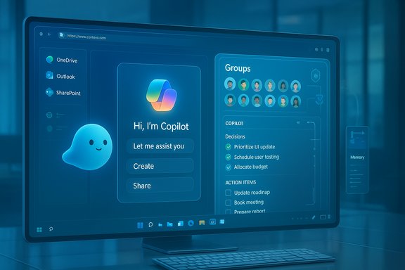 A curved monitor displays a blue UI mockup for Copilot with groups, tasks, and apps like OneDrive.
