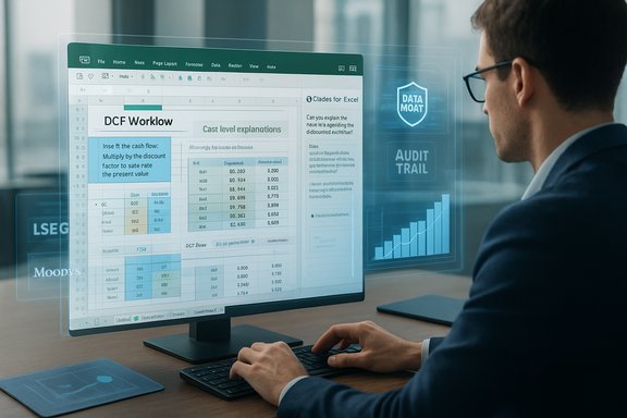 A suited man analyzes a spreadsheet on a futuristic holographic display.