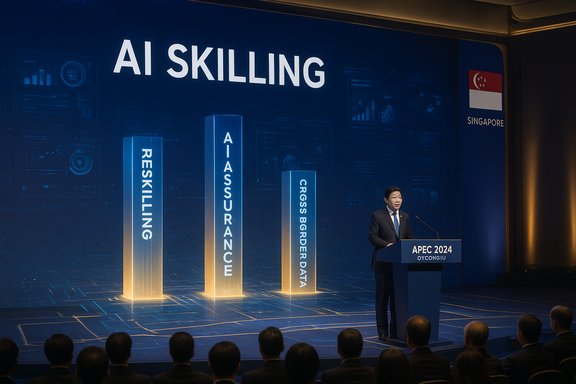 Speaker at APEC 2024 in Singapore discusses AI skilling and data sharing.