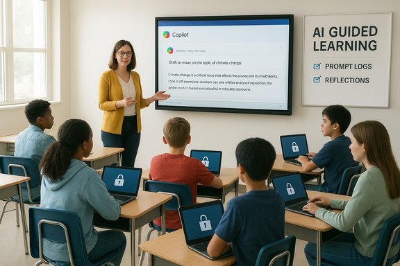 A teacher leads an AI-guided class as students work on laptops showing lock icons.