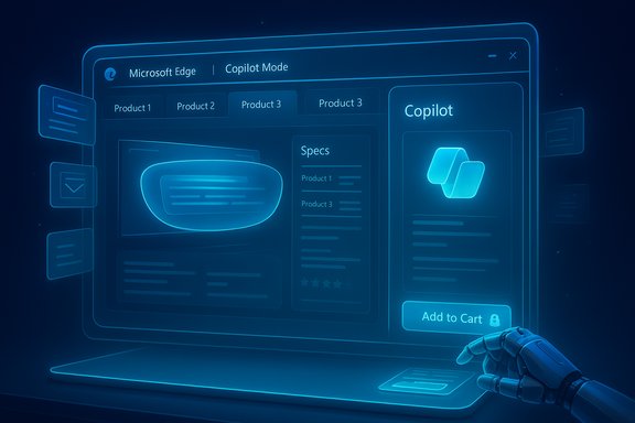 Neon blue holographic UI on a laptop screen showing Copilot mode, product specs, and Add to Cart.