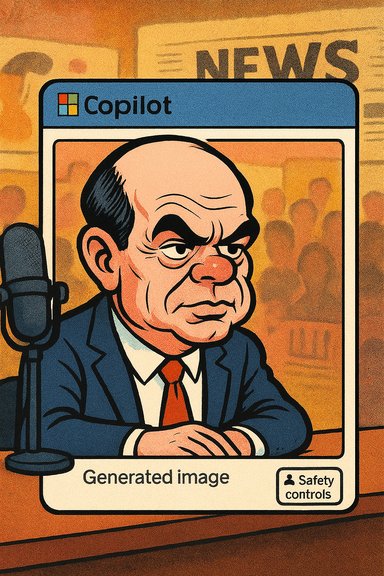 A stern cartoon man in a suit sits at a microphone on a 'Copilot' generated image card.