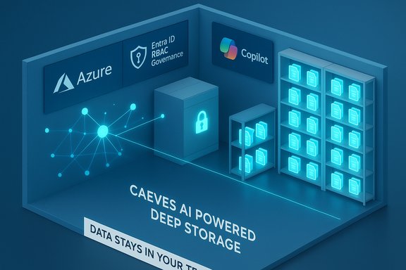 Isometric blue data center scene showing CAEVES AI-powered deep storage with Azure, Entra ID RBAC governance, and Copilot.