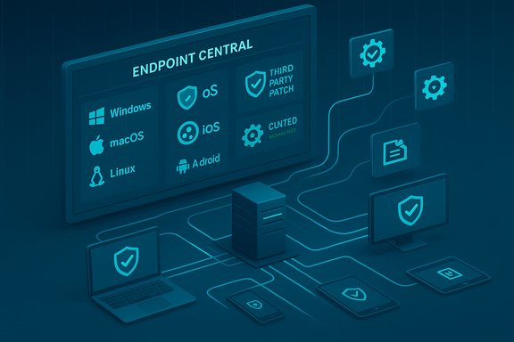 Endpoint Central dashboard managing Windows, macOS, Linux, iOS, Android and patches.