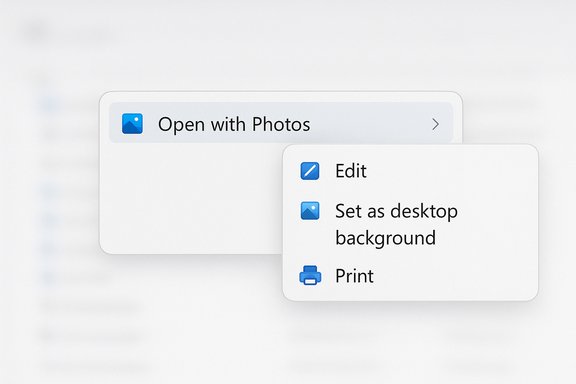 A macOS-style context menu shows 'Open with Photos' with Edit, Set as desktop background, and Print options.