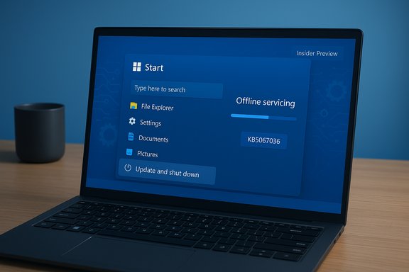 Laptop on a wooden desk shows the Windows Start screen with an 'Offline servicing' progress bar.