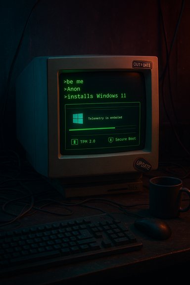 Retro CRT monitor glows green as Windows 11 install text appears in a moody hacker-like setup.