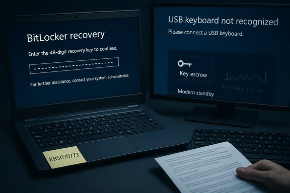 BitLocker recovery shown on the left, USB keyboard not recognized on the right.