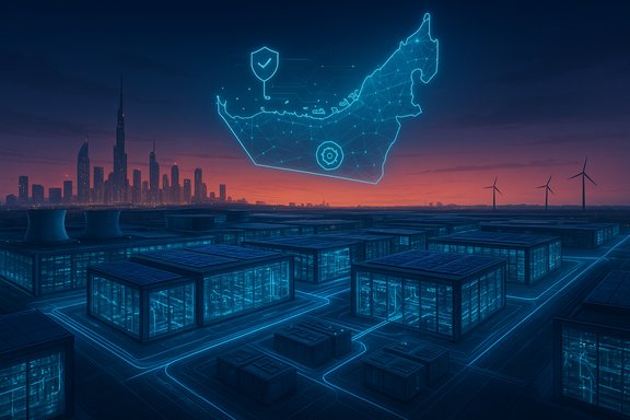 Futuristic data center under a neon holographic UAE map at dusk.