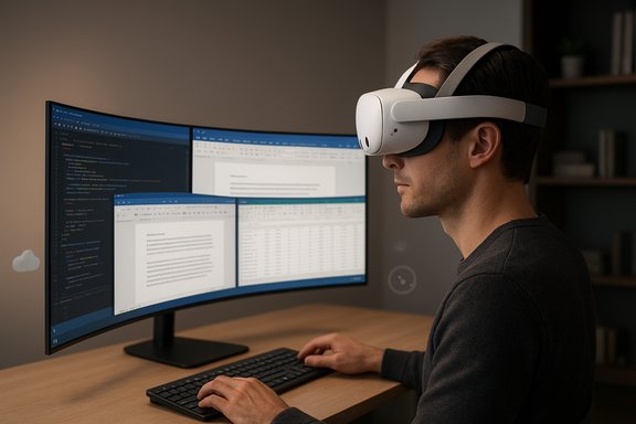 Man wearing a VR headset works at a curved, multi-monitor desk, coding and reviewing documents.
