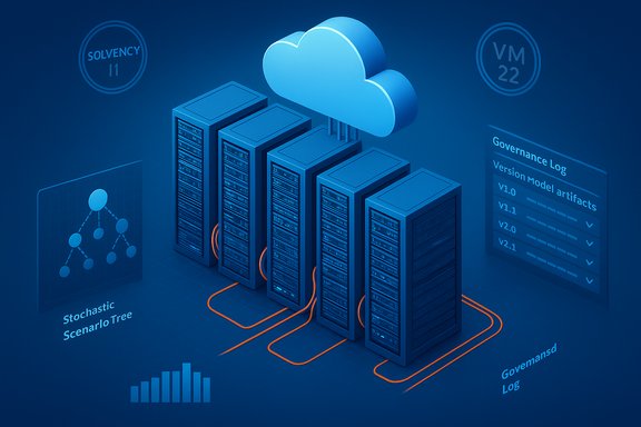 Blue isometric cloud above server racks connected by orange cables, with governance and analytics visuals.