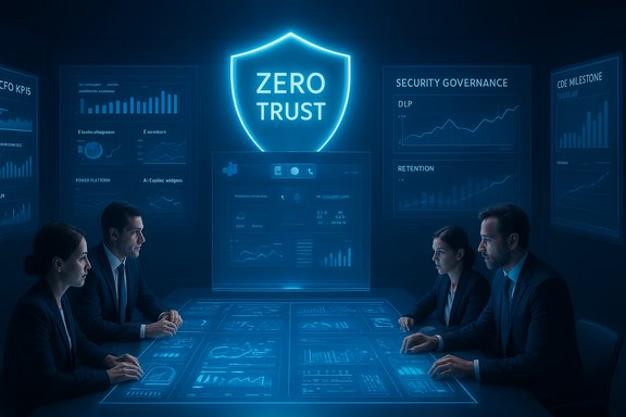 Four professionals review holographic dashboards in a futuristic zero-trust security briefing.