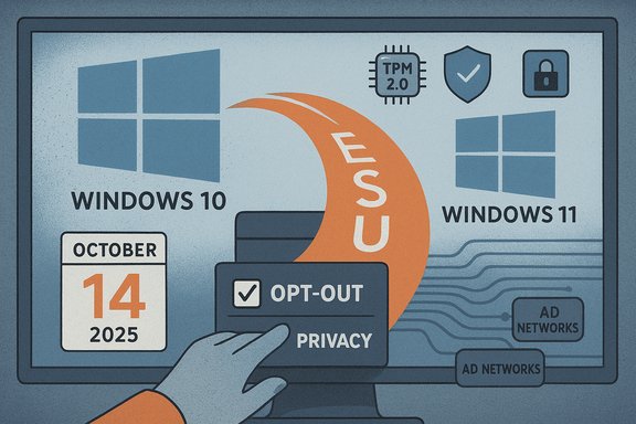 A computer monitor shows Windows 10 and 11 logos with a privacy opt-out card amid ad networks.