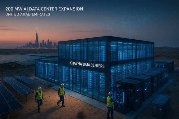Khazna Data Centers expansion in the UAE desert, a blue-lit glass facility with solar panels and workers.