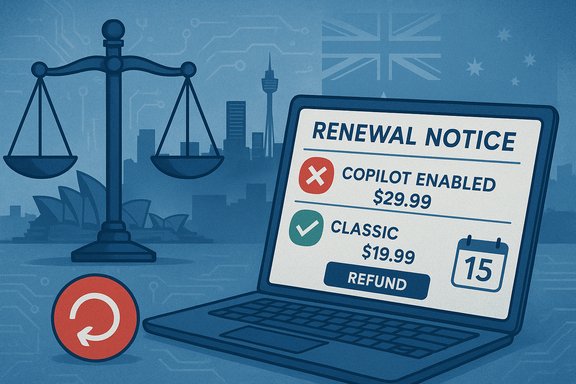 Laptop shows a renewal notice: Copilot vs Classic plans with prices and a refund option.