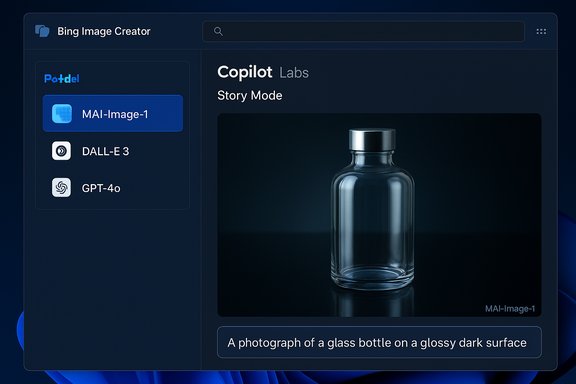 A glass bottle on a glossy dark surface shown inside a sleek Bing Image Creator interface.