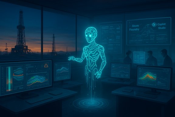 A neon holographic humanoid stands in a high-tech control room with screens as oil rigs glow outside at sunset.