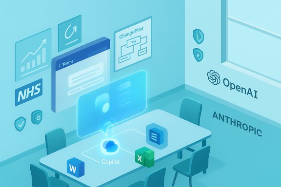 A futuristic blue-toned conference room displaying AI tool icons (OpenAI, Anthropic, Copilot) and productivity apps.