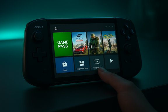 A handheld MSI gaming device displays the Game Pass home screen with colorful game tiles as a finger taps.