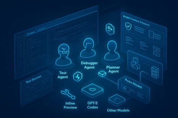 Holographic diagram of AI agents (Test, Debugger, Planner) coordinating with GPT-5 Codex and tools.