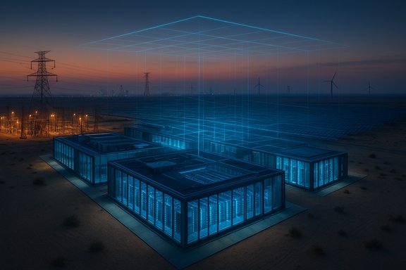 A futuristic desert data center glows blue, with wind farms and a translucent 3D grid overhead.