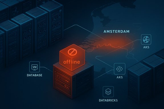 A data center shows an offline node connected to Amsterdam, AKS, and Databricks.